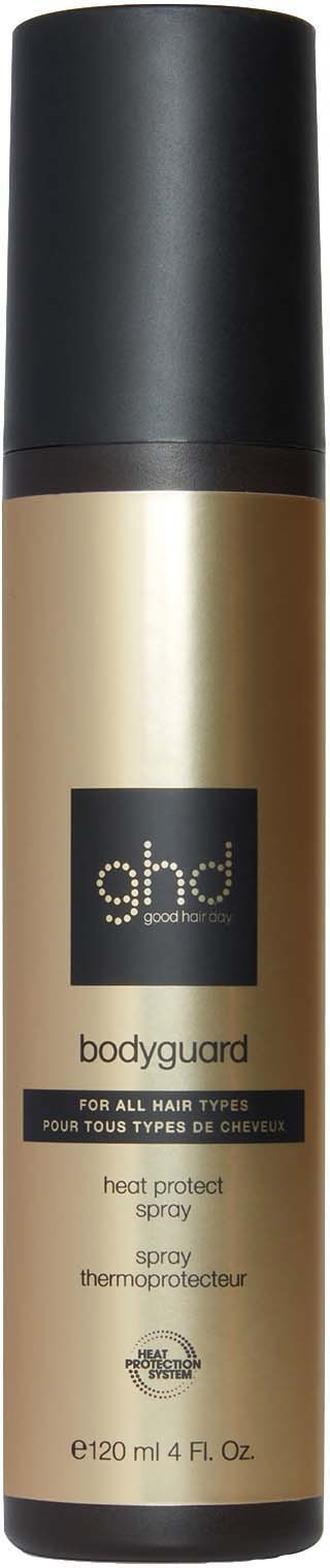 Gold-colored hair spray can with a black cap, labeled "ghd Bodyguard heat protect spray" for all hair types.