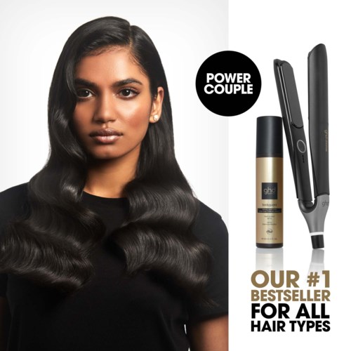 A woman with long, smooth black hair, hair styling tools, and text about hair products, claiming to be a bestseller.