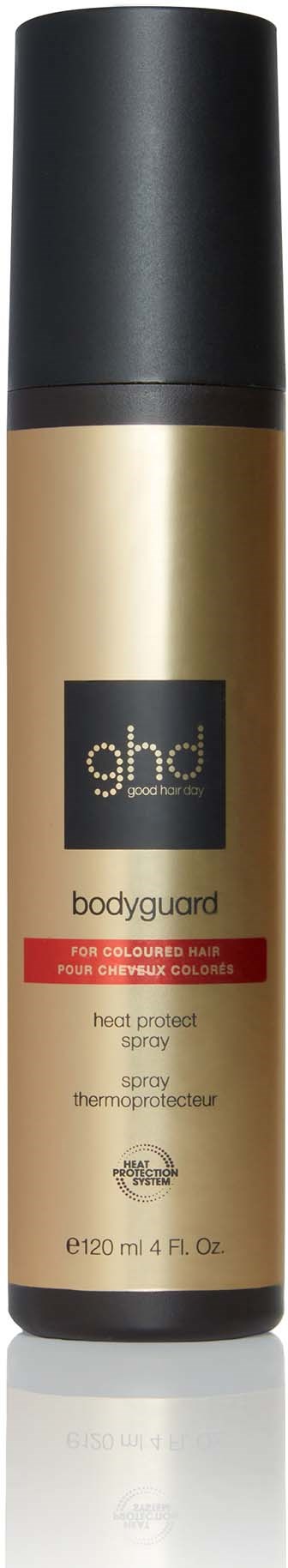A tall, beige and black can of GHD bodyguard heat protection spray with a label and red strip.