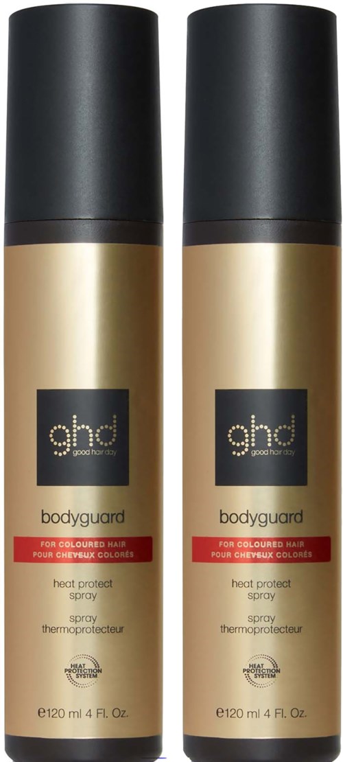 Two gold spray cans labeled 'ghti bodyguard' for color-treated hair, heat protectant, 120 ml each, with black caps.
