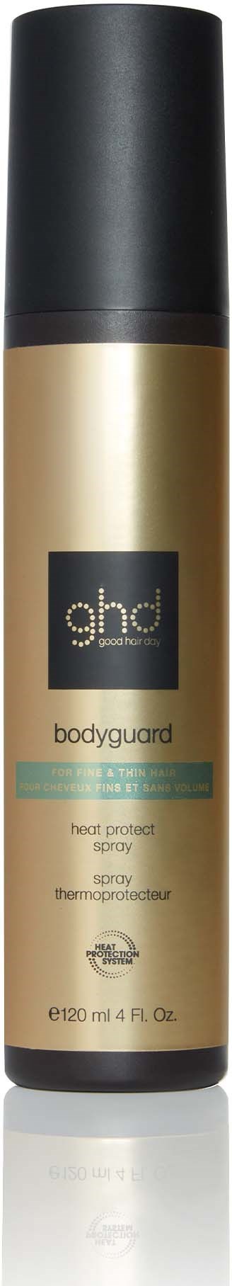 A gold and black canister labeled 'ghd bodyguard' spray, used to protect skin from heat and heat damage.