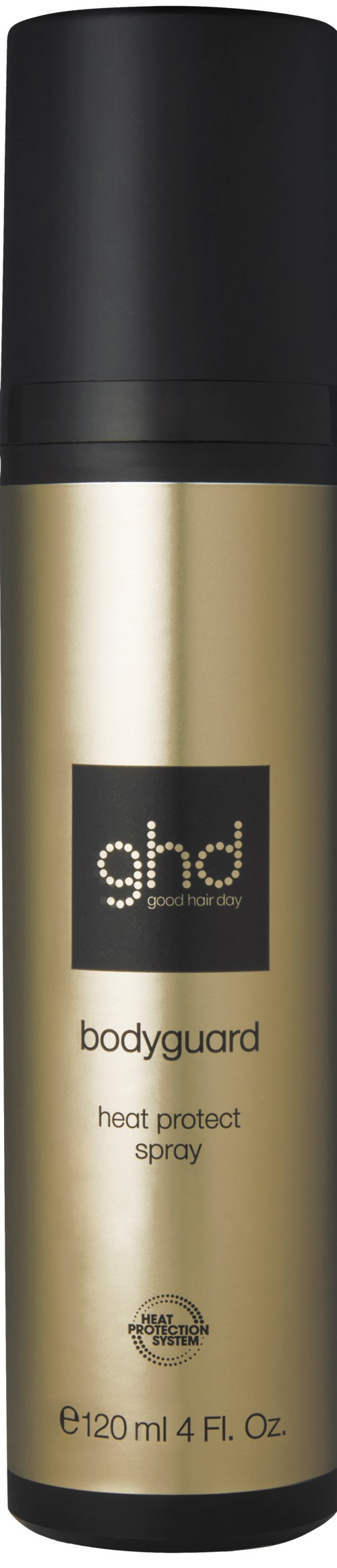 En spraydås i guld och svart märkt 'bodyguard heat protect spray' från ghd.
