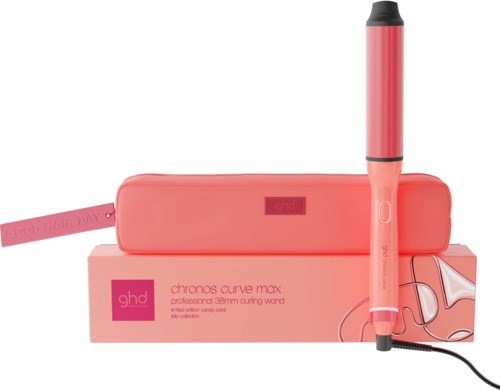 A pink hair crimper with a black and pink handle, placed on a pink box and carrying case.