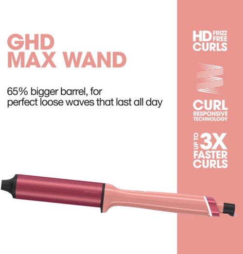 A curling wand with a larger barrel, promoting loose waves, with features like HD frizz-free curls and faster curling.