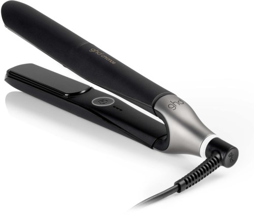 A flat iron with a black handle and a silver base, used for styling hair.