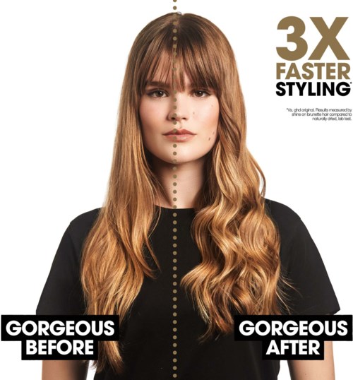 A woman with long, wavy hair and bang, demonstrating hair styling transformation, with text about faster styling results.