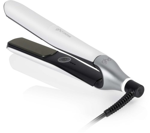 A black and silver hair straightener with a digital control and a cord. It has a flat, wide heating surface.