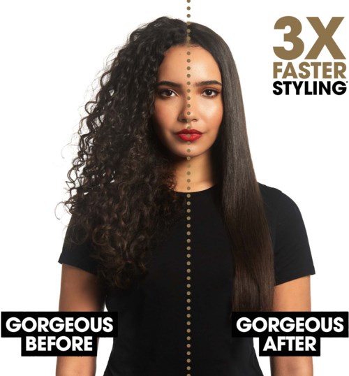 A woman with mixed curly and straight hair shows hair styling before and after, claiming to be three times faster.