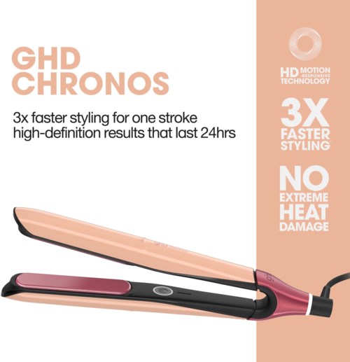 A hair straightener promoting fast styling, high definition results, and no heat damage, with a sleek design and branding.