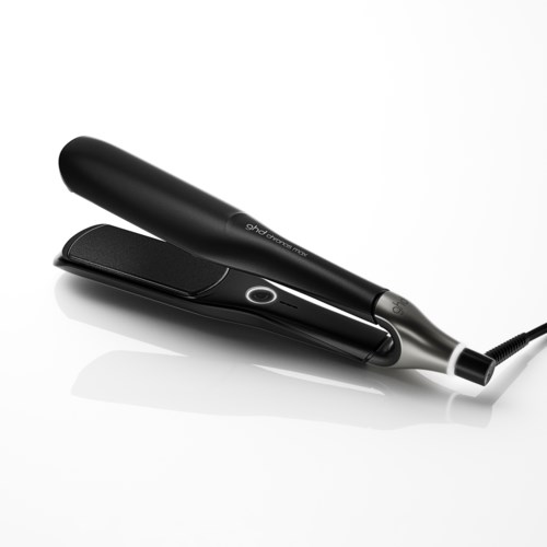 A black hair straightener with a round handle and flat plates for styling hair.