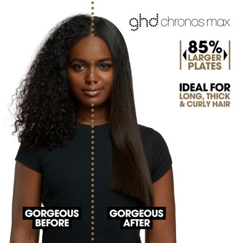 Split image shows curly hair on the left and straight hair on the right, with text about hair styling options.