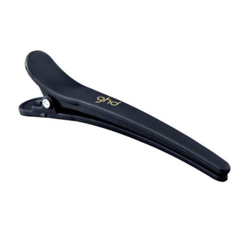 A black hair clip with a metallic hinge and a brand logo on it.