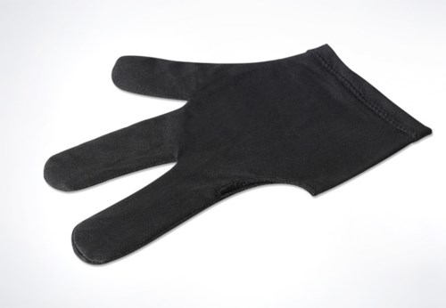 A black glove with three fingers made of soft material, laid flat against a white background.