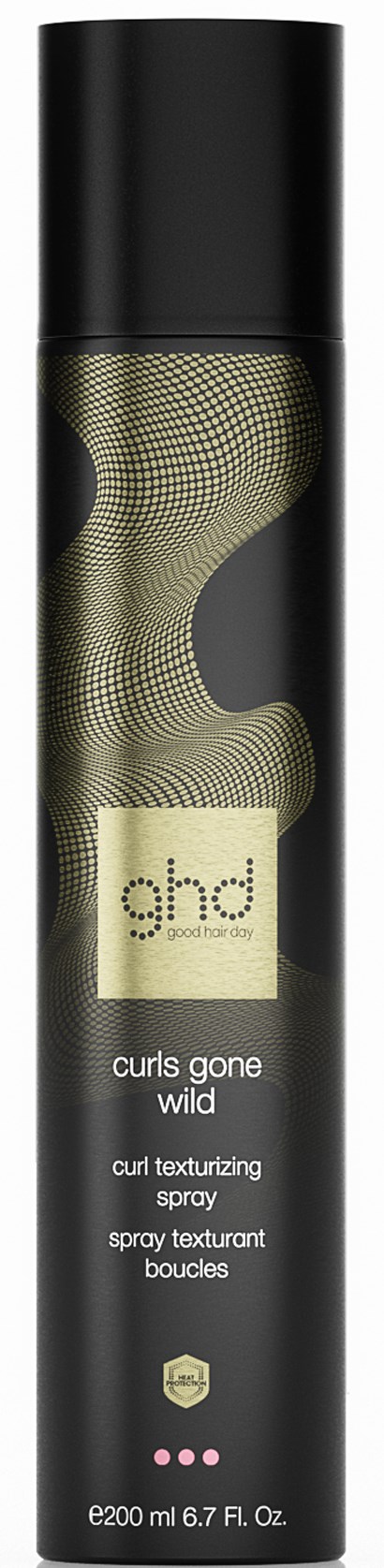 A black can with gold and tan design, labeled 'ghd' and 'curls gone wild', a curling spray product.
