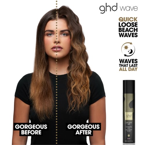 Split image showing hair before and after using a wave spray for beachy, loose waves. Product bottle on the right.