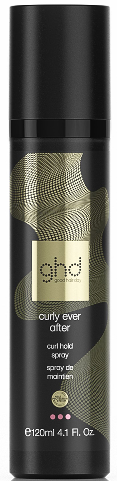 A black spray bottle labeled 'ghd curly ever after' with a green and black patterned design.
