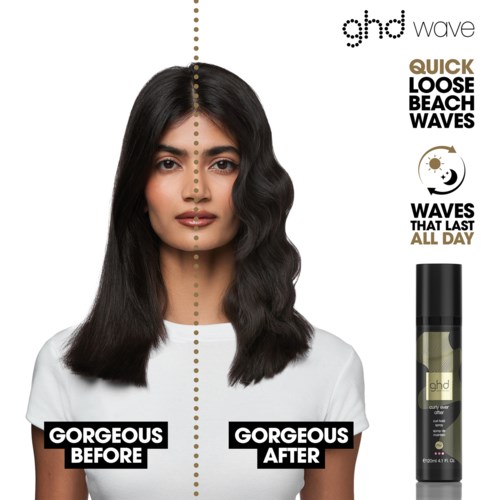 A woman shows her hair before and after using a hair product. The product is in a black bottle. Words describe waves and beach.