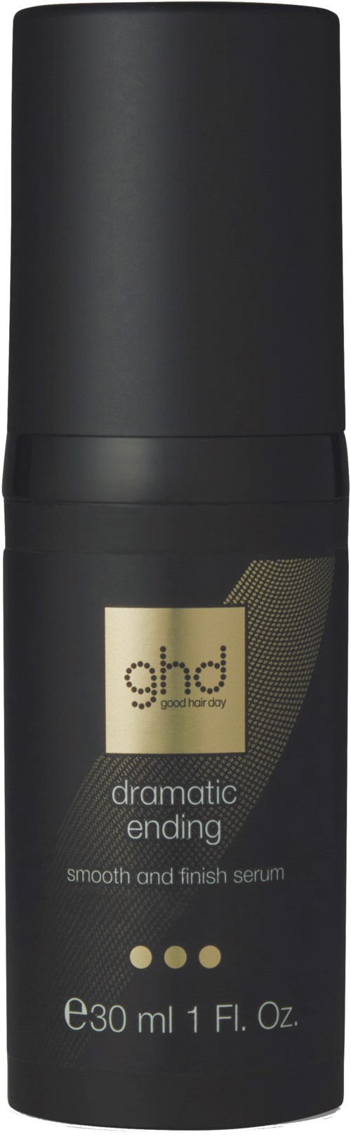 A black bottle with gold label, named GHD, for hair serum, 30 ml size.