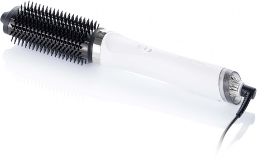 A round brush with black bristles attached to a white handle, used for styling hair.