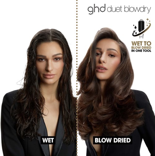 Comparison of two women, one with wet hair and one with blow-dried hair, using a hair styling product.