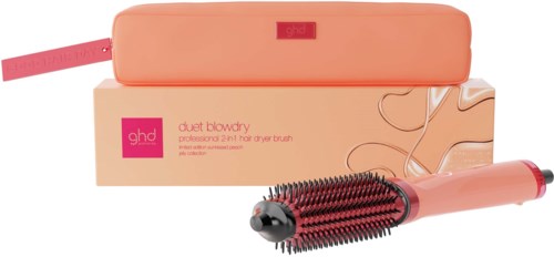A hair styling tool with a round brush and handle, shown with a pink box and storage case.