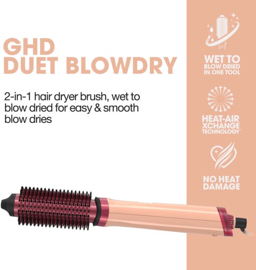 A hair styling tool combining a brush and hairdryer, designed for quick and smooth drying.