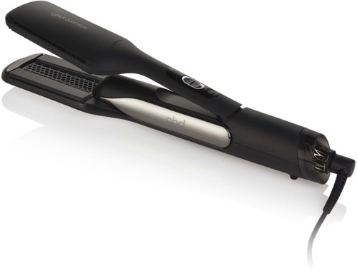 A black hair curling iron with a clip and power cord, designed for styling hair.