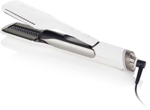 A flat iron with a heat control dial, a power cord, and plates for straightening hair.