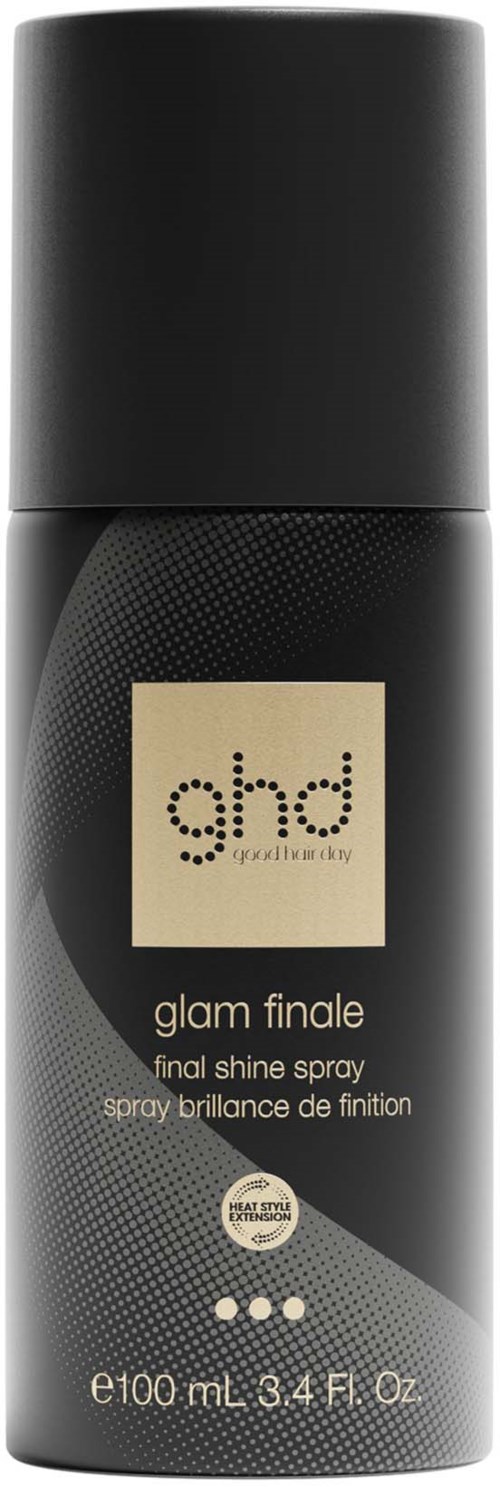 En svart sprayflaske med ghd final shine spray og beige etikett som viser produktnavn og volum på 100 ml.