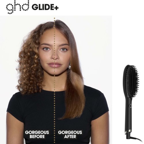 A woman with curly hair on one side and straight hair on the other, showing a hair straightening tool for comparison.