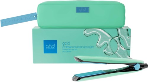 A teal box and a flat iron with a matching case, used for hair styling.
