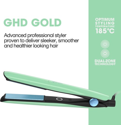 A professional hair straightener with green and black colors, featuring dual-zone technology and styling at 185°C.