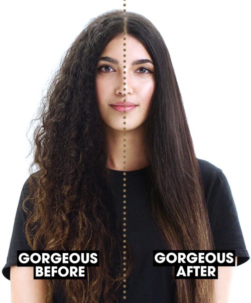 Een vrouw met half krullend en half steil haar, toont een transformatie van voor naar na.