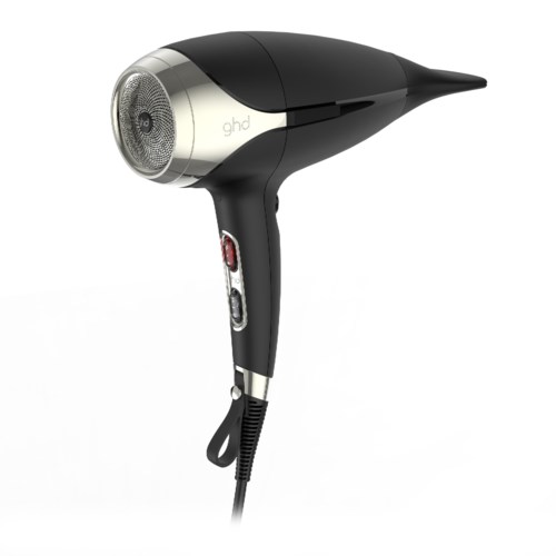 A black and silver handheld hair dryer with control buttons on the handle.
