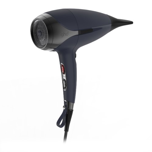 A blue and black hair dryer with buttons on the handle and a cord.