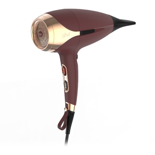 A hair dryer with a maroon and gold design, black nozzle, and control buttons on the handle.
