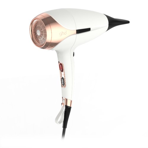 A white and rose gold hair dryer with black nozzle and control buttons on the handle.