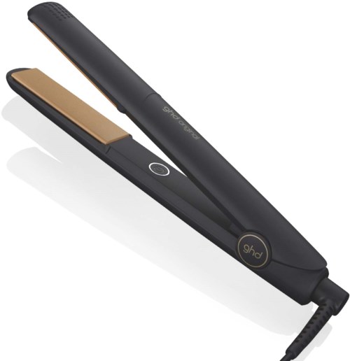 A black hair straightener with a gold plate and single button, designed for styling hair.