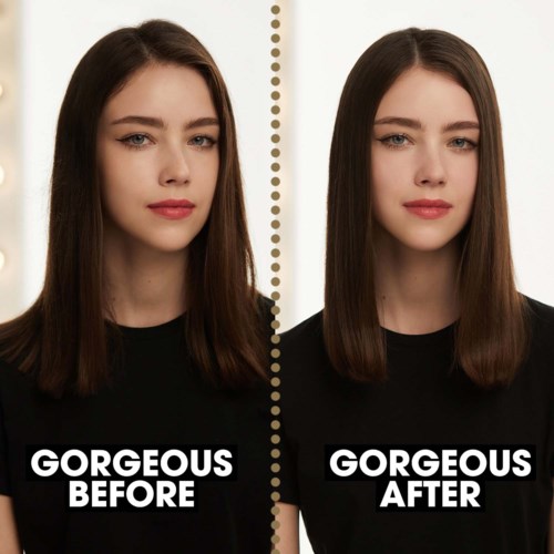 A woman with long, dark hair wearing a black shirt, showing her face before and after a change or treatment.