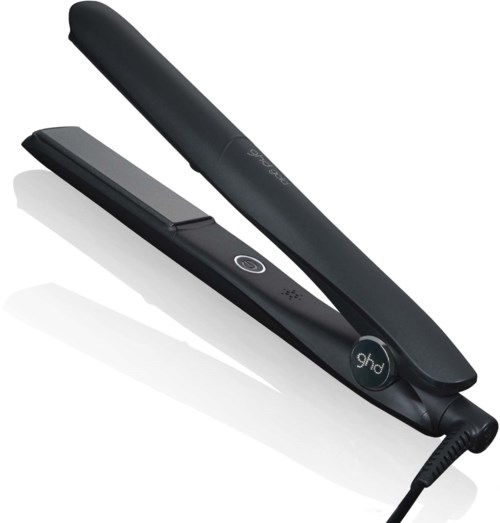 A black hair straightener with a button and digital display, designed for styling hair.