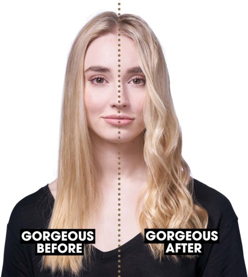 Split face image showing a woman with straight hair on one side and curly hair on the other.