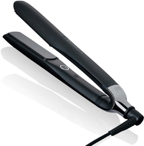 A flat, black hair straightener with a sleek design and a power button in the middle.