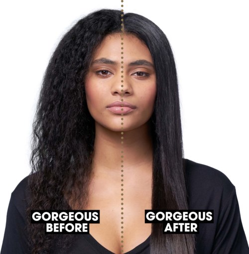 A woman with split hair, showing transformation from curly to straight hair, labeled 'Gorgeous Before' and 'Gorgeous After.'