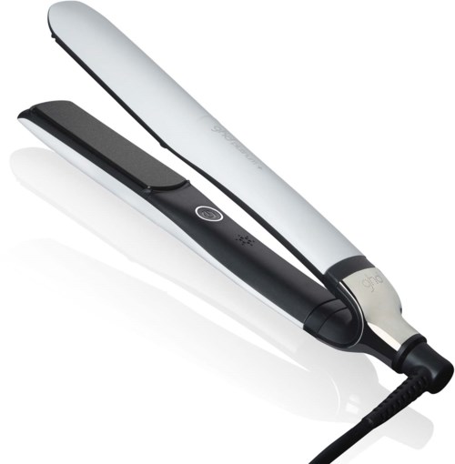 A flat iron with a black handle and silver plates used for styling hair.