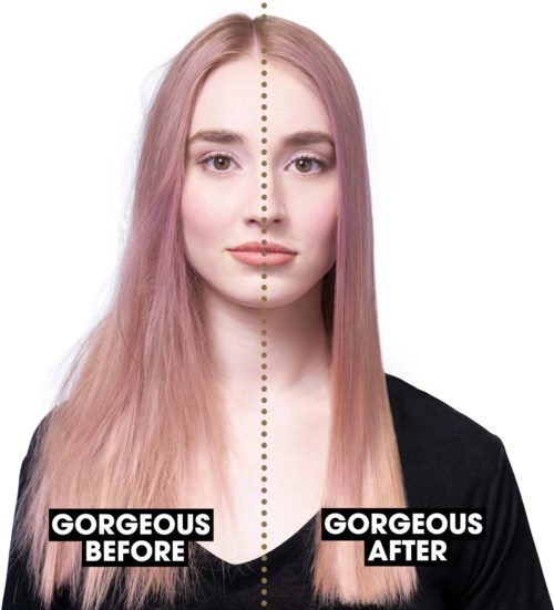 The left side shows hair before, and the right side shows hair after a treatment or styling.