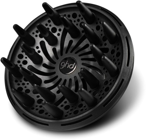 A round black hair diffuser with multiple plastic prongs, designed to dry hair gently and add volume.