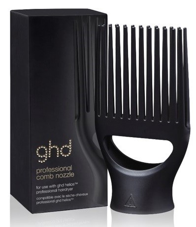 Een zwart professioneel haarkam-nozzle en verpakking, gemarkeerd 'ghd professional comb nozzle,' met modern ontwerp.