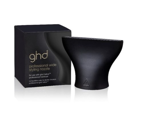 Zwarte stylingnozzle met verpakking, gebruikt voor professionele haarstyling.