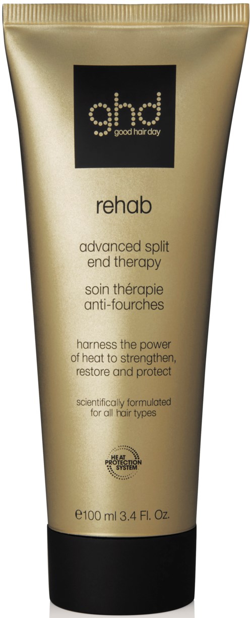 Gold-colored tube, black cap, product for hair treatment, labeled 'rehab' for split end therapy, 100ml.