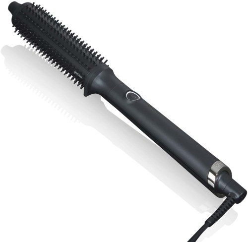 Ein schwarzes beheiztes Stylinggerät mit einer Trommel und Borsten, verwendet zum Locken oder Glätten der Haare.